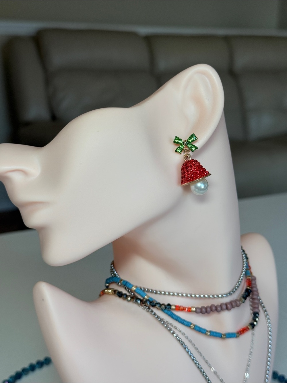 Holiday Bell Drop Earrings with Green Bow and Red Crystal Bell